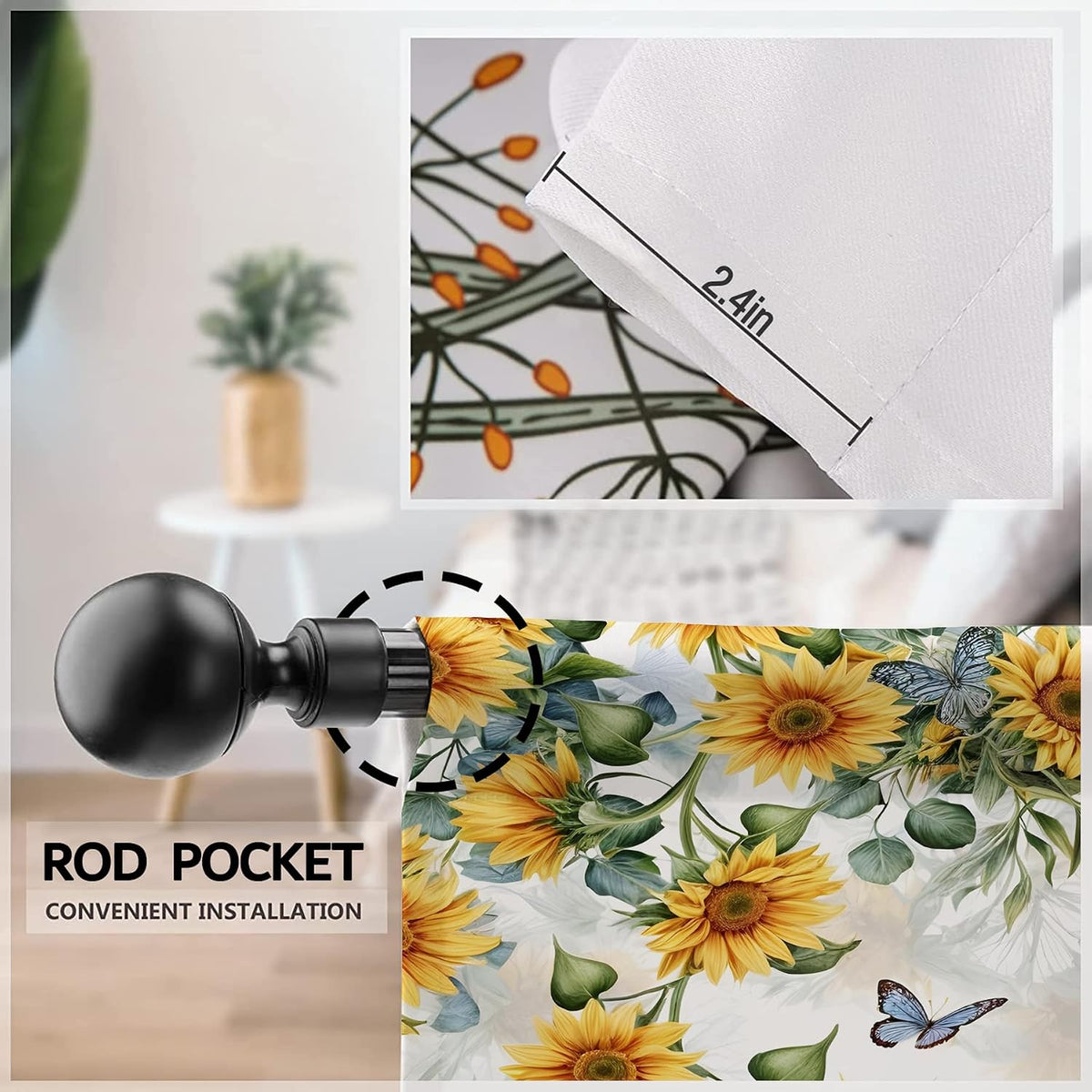 Yellow Sunflower Kitchen Curtains 42W X 63L Inch 2 Panels Rod Pocket Country Rustic Floral Flower Butterfly Farmhouse Over Sink Small Short Cafe Tier Window Treatment Bathroom Decor