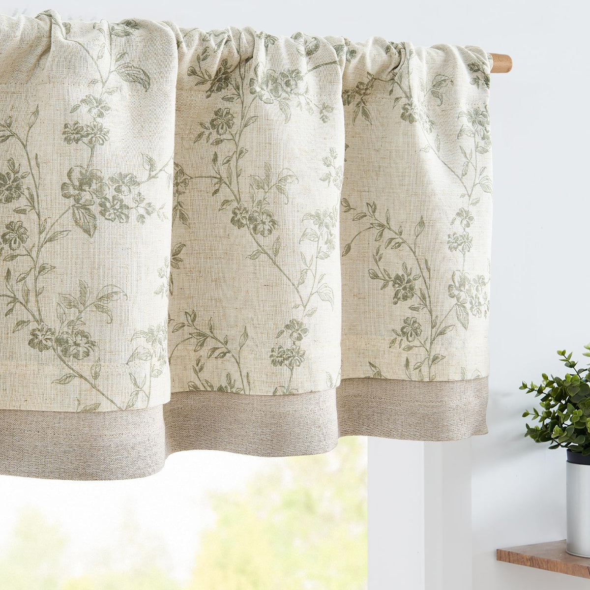 jinchan Amlie Floral Linen Valance Curtain Farmhouse 1 Panel 16 Inch Green