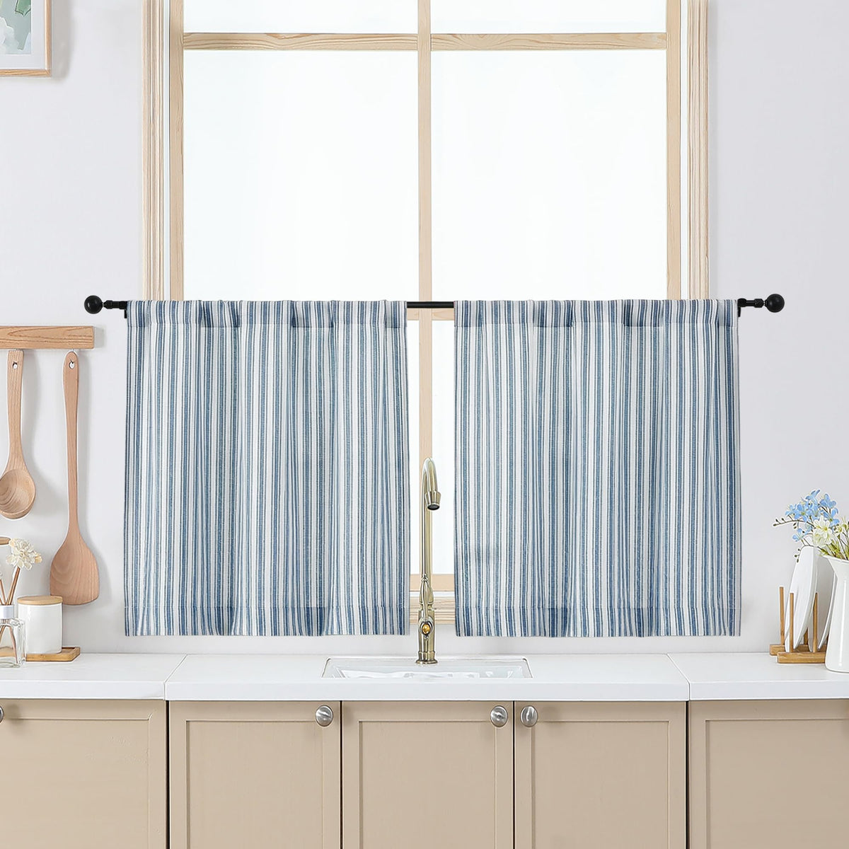 Chyhomenyc Striped Short Curtains 36 Inch Length - Light Filtering Faux Linen Living Room Tier Half Window Curtains, Farmhouse Modern Boho Curtain for Bathroom, 30Wx36L, 2 Pieces, Stone Blue