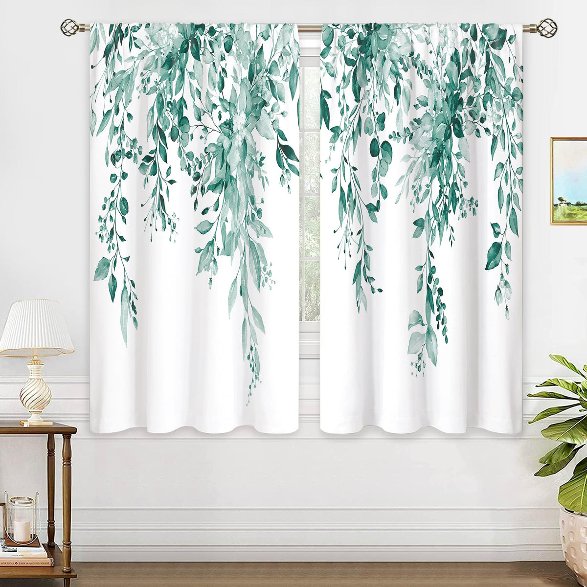 Eucalyptus Botanical Leaves Floral Kitchen Window Curtains Over Sink Boho Farmhouse Flower Leaf Small Window Treatment Sage Green Cafe Short Curtains for Bathroom Tier Drapes 27.5x39 inch