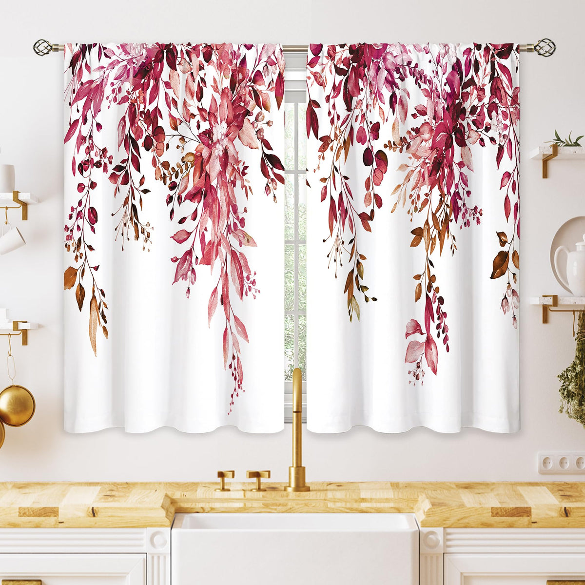 Eucalyptus Botanical Leaves Floral Kitchen Window Curtains Over Sink Boho Farmhouse Flower Leaf Small Window Treatment Sage Green Cafe Short Curtains for Bathroom Tier Drapes 27.5x39 inch