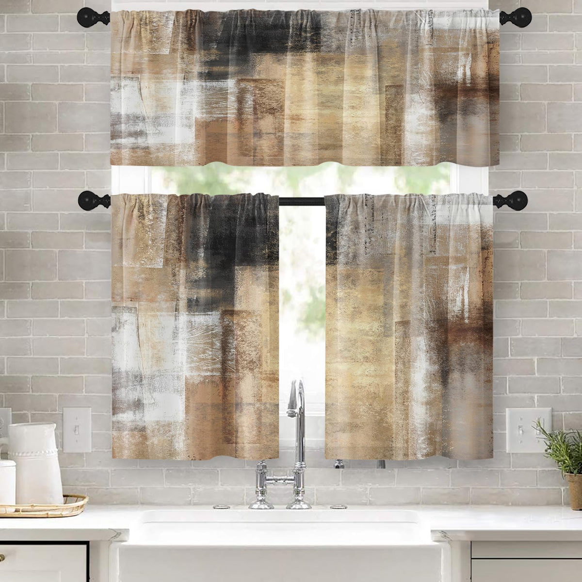 Kitchen Curtains Sets for Windows, 52x36 Inch, 3 Pack Abstract