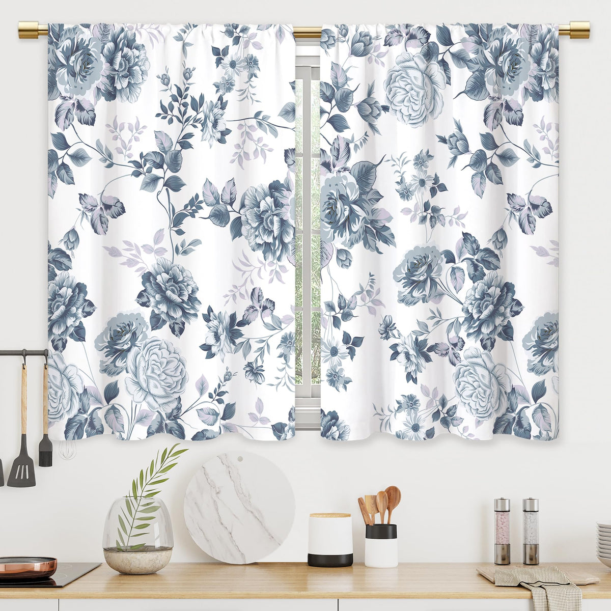 Colorful Leaves Kitchen Curtains Boho Botanical Bathroom Curtains Window Treatment Drapes Tier Flower Floral Cafe Small Bedroom Short French Door Curtains Rod Pocket 2 Panels 27.5x39 Inch