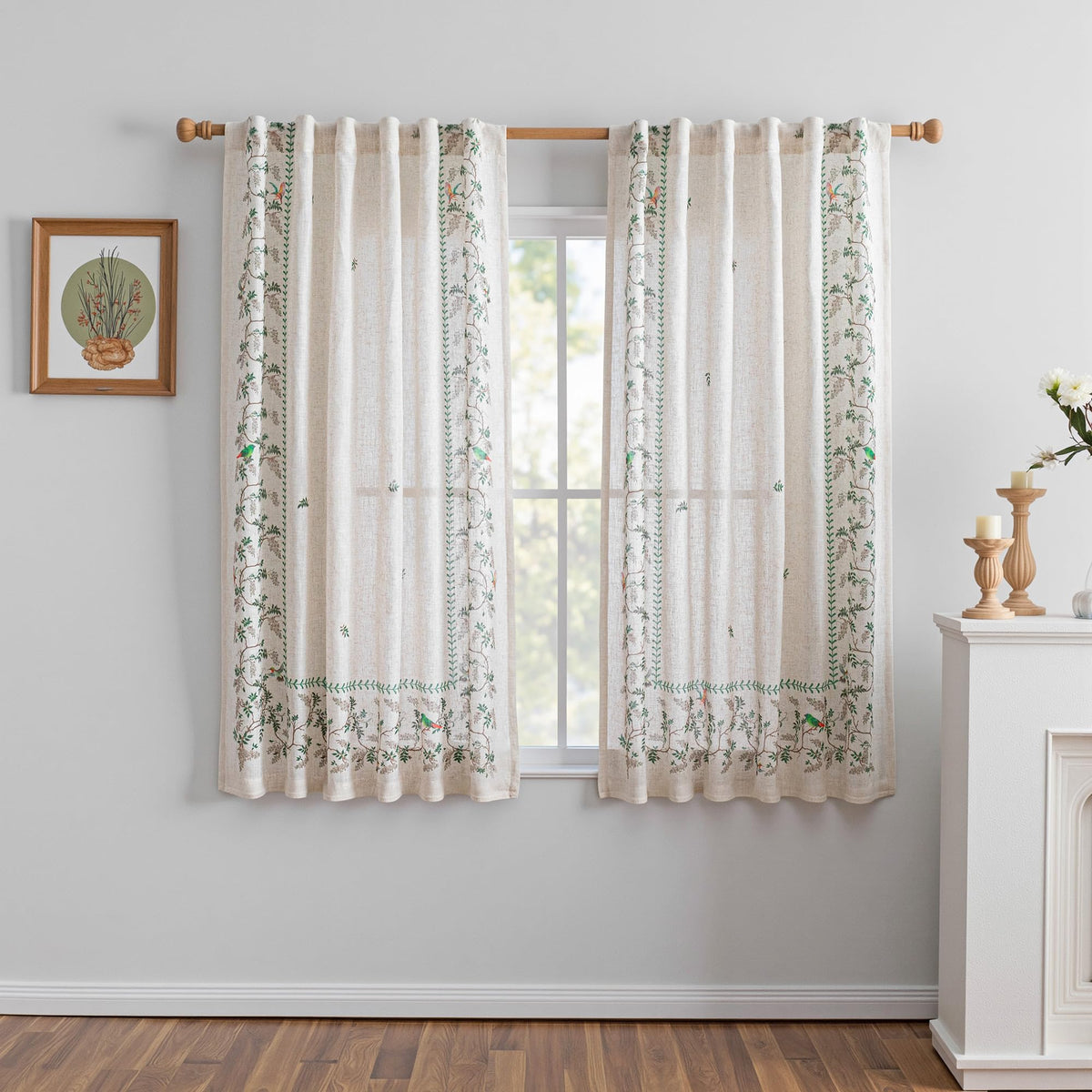 MYSKY HOME Floral Linen Kitchen Tier Curtains 36 Inch Long 2 Panels