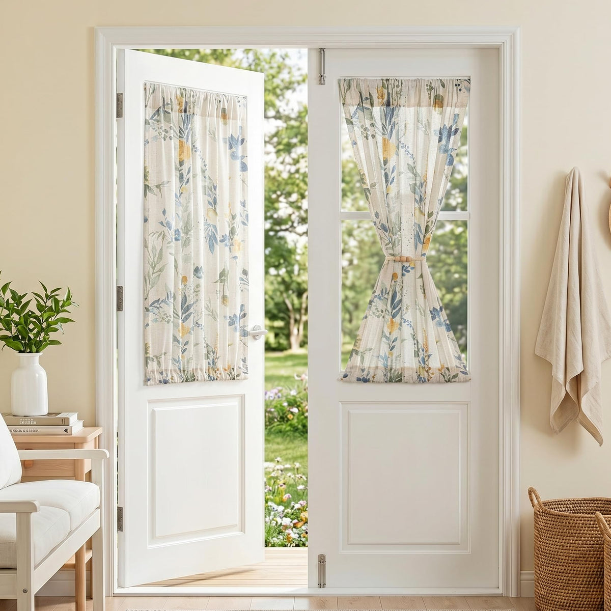 MYSKY HOME Floral Linen Kitchen Tier Curtains 36 Inch Long 2 Panels