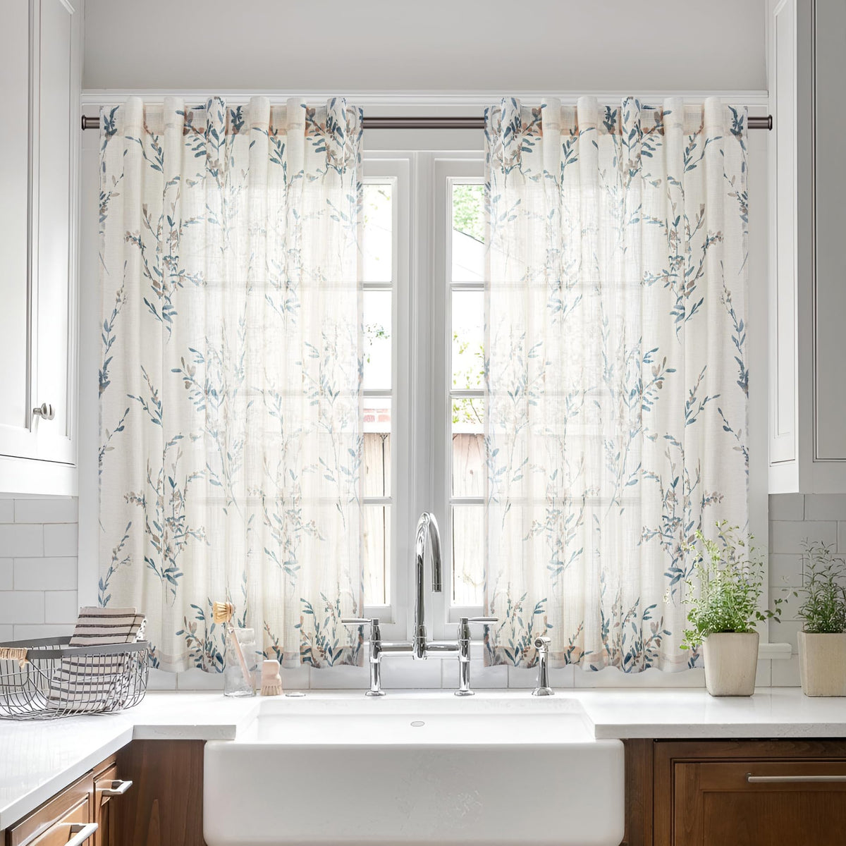 MYSKY HOME Floral Linen Kitchen Tier Curtains 36 Inch Long 2 Panels
