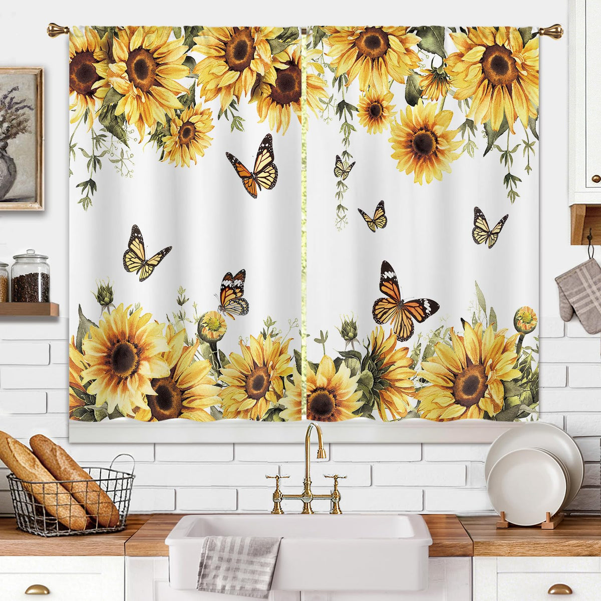 Farmhouse Sunflower Kitchen Curtain Rustic Small Short Cafe Window Curtains Country Wooden Barn Inspirational Bathroom Window Drapes Treatment Tier Curtains 2 Panels (27.5x39 Inch)