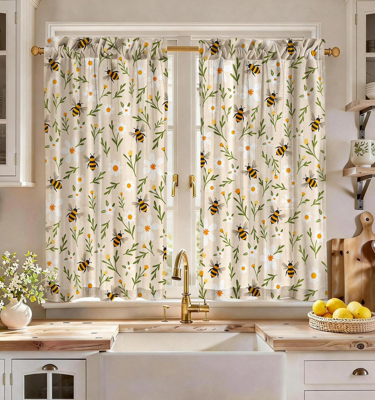 Miss Adola 36 Inch Length Kitchen Tier Curtains, Floral Cat