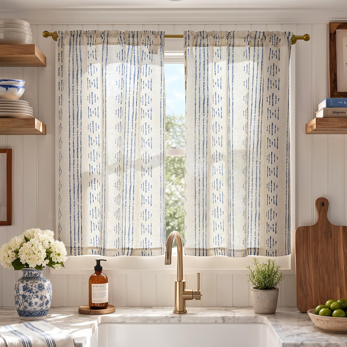 jinchan Linen Striped Tier Curtains for Kitchen Windows Farmhouse