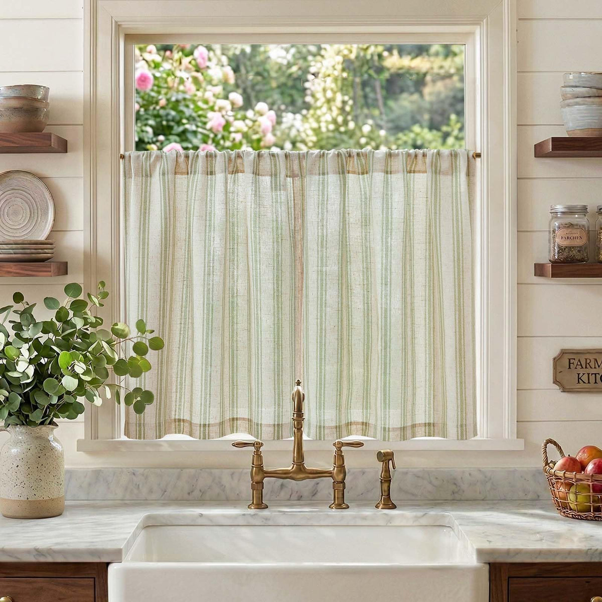 jinchan Linen Striped Tier Curtains for Kitchen Windows Farmhouse