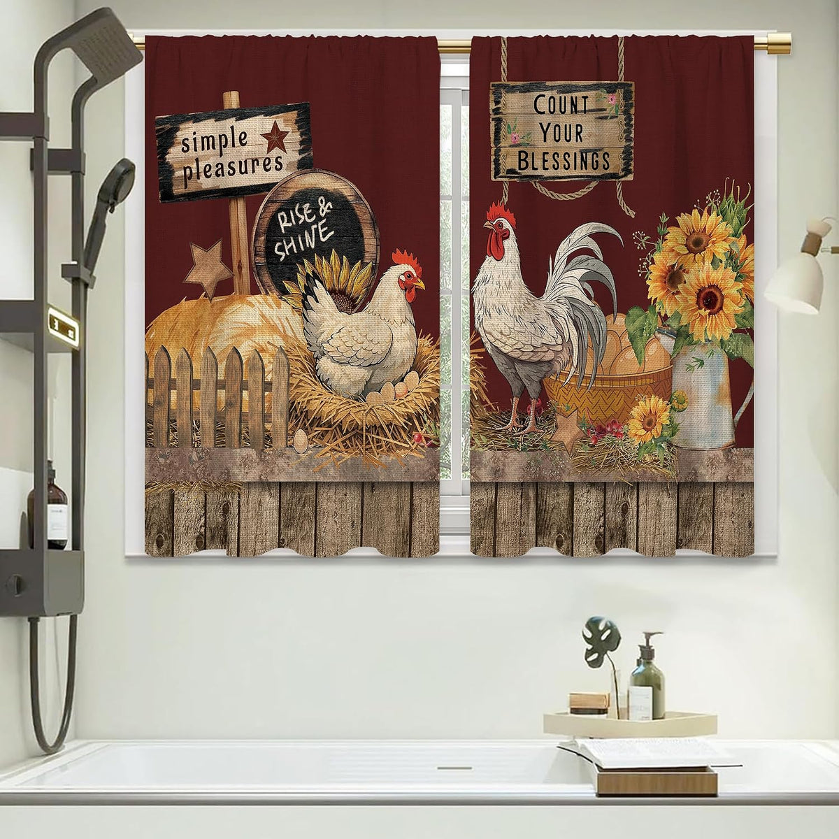 Farmhouse Rooster Kitchen Curtains Rustic Country Bathroom Curtains Window Treatment Drapes Tier Sunflower Vintage Cafe Small Bedroom Short French Door Curtains 2 Panels 27.5x39 Inch