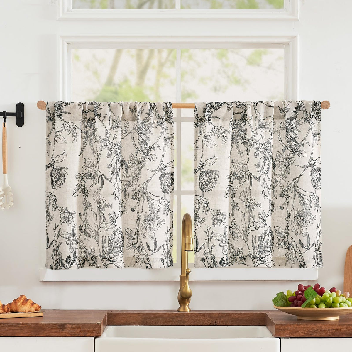 jinchan Floral Kitchen Tier Curtains 24 Inch 2 Panels Sage Green on Beige