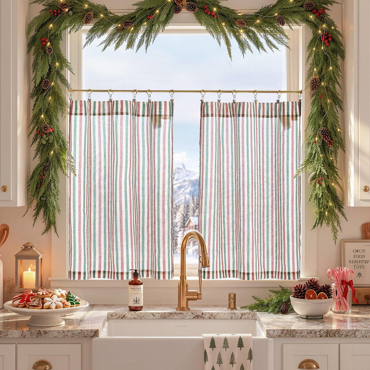 jinchan Striped Linen Kitchen Tier Curtains, 30 Inch, Sage Green, 2 Panels