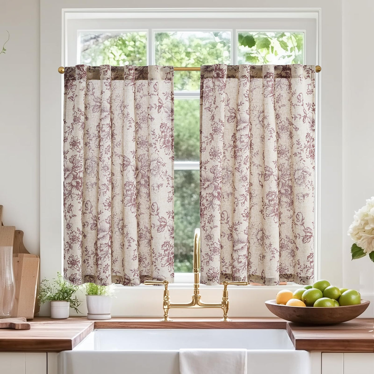 jinchan Hattie Floral Linen Kitchen Tier Curtains Beige 36 in 2 Panels