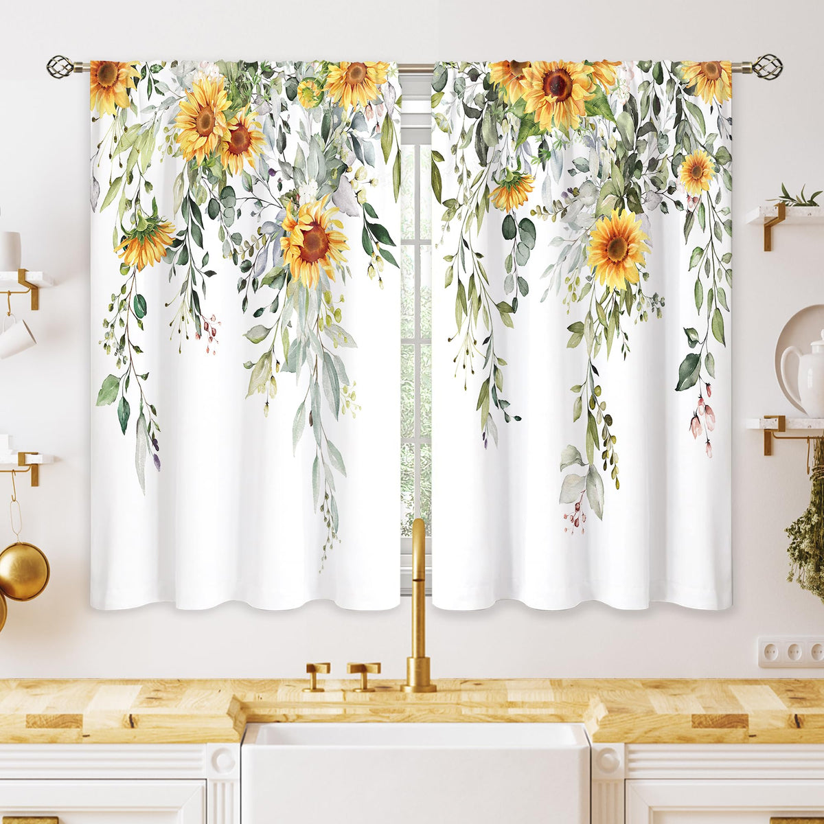 Eucalyptus Botanical Leaves Floral Kitchen Window Curtains Over Sink Boho Farmhouse Flower Leaf Small Window Treatment Sage Green Cafe Short Curtains for Bathroom Tier Drapes 27.5x39 inch