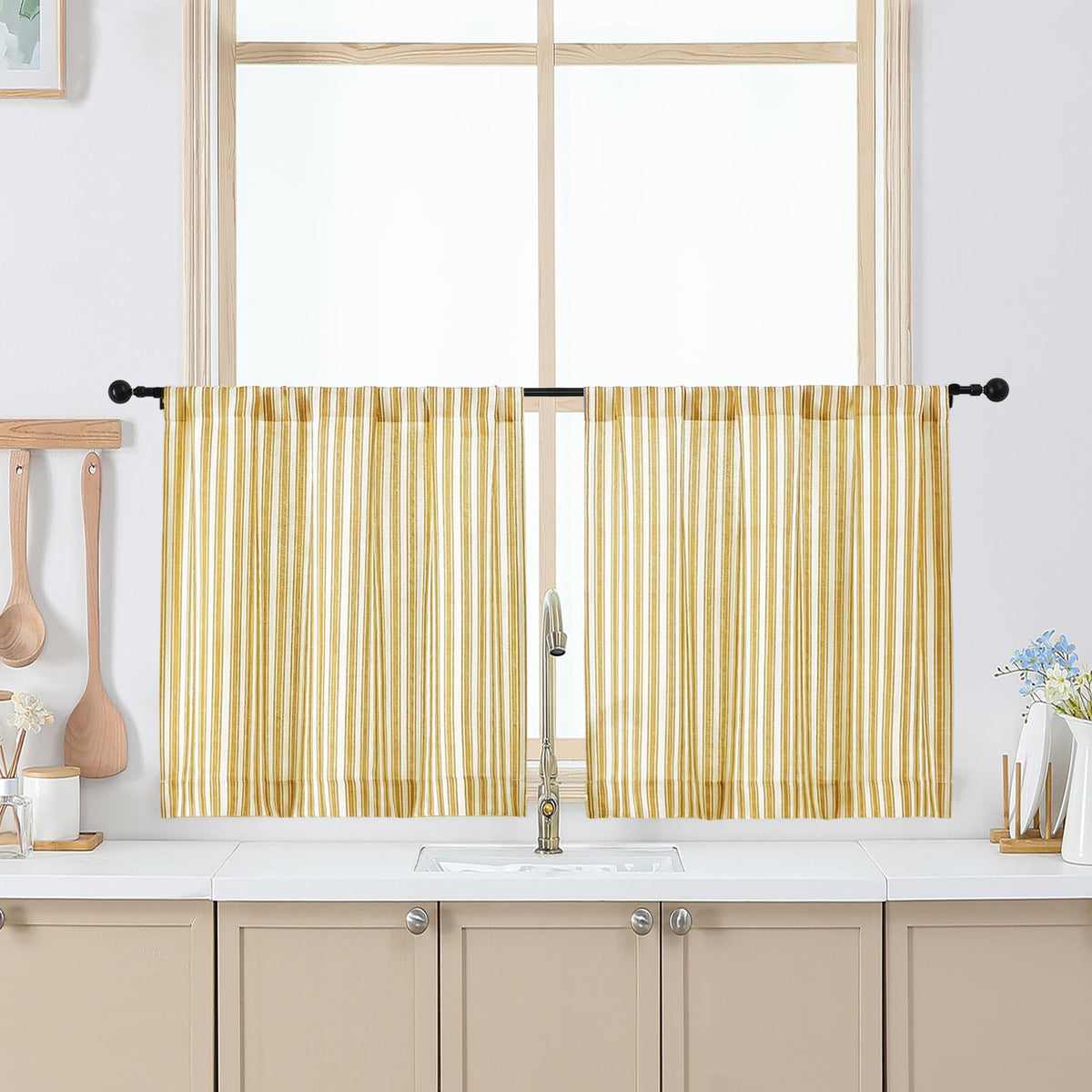 Chyhomenyc Striped Short Curtains 36 Inch Length - Light Filtering Faux Linen Living Room Tier Half Window Curtains, Farmhouse Modern Boho Curtain for Bathroom, 30Wx36L, 2 Pieces, Stone Blue