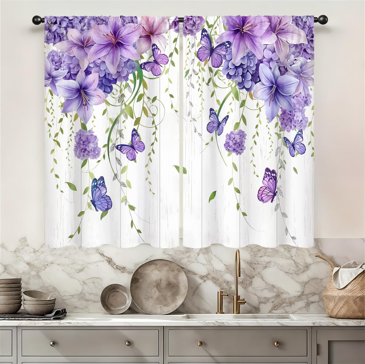 Yellow Sunflower Kitchen Curtains 42W X 63L Inch 2 Panels Rod Pocket Country Rustic Floral Flower Butterfly Farmhouse Over Sink Small Short Cafe Tier Window Treatment Bathroom Decor