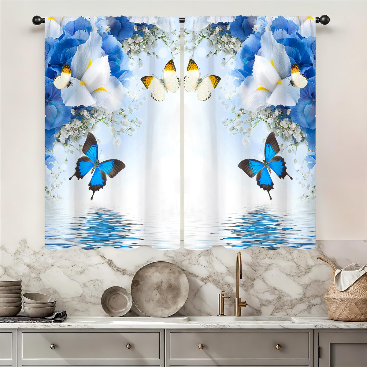 Yellow Sunflower Kitchen Curtains 42W X 63L Inch 2 Panels Rod Pocket Country Rustic Floral Flower Butterfly Farmhouse Over Sink Small Short Cafe Tier Window Treatment Bathroom Decor