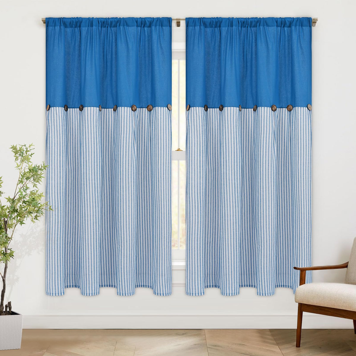 ASPMIZ Cotton Linen Kitchen Valance Curtains, Boho Rustic Button Linen Valances for Windows Farmhouse, Black with Grey Stripe Valance Window Topper Treatment Window Valances for Bathroom, 52 x 18 Inch