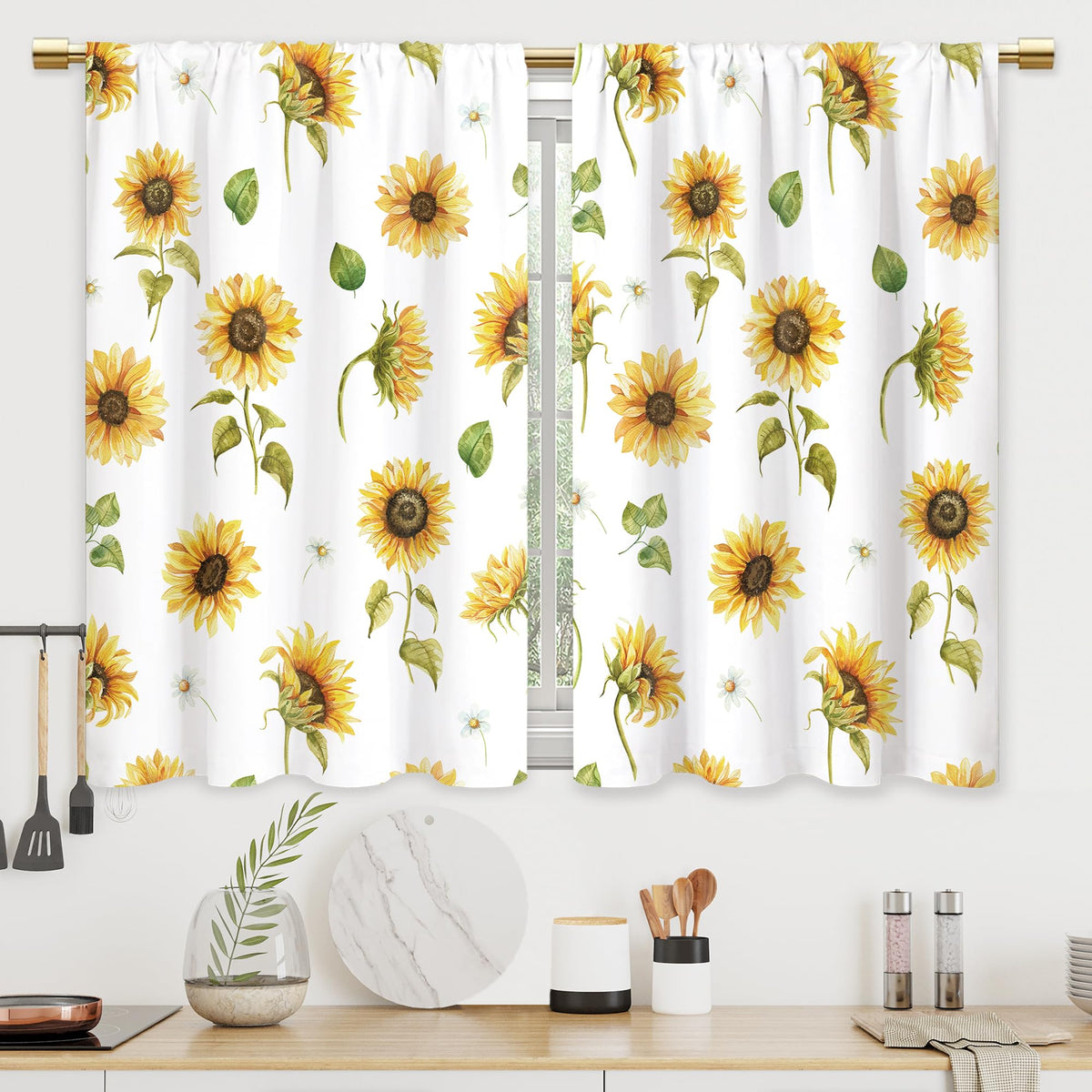 Colorful Leaves Kitchen Curtains Boho Botanical Bathroom Curtains Window Treatment Drapes Tier Flower Floral Cafe Small Bedroom Short French Door Curtains Rod Pocket 2 Panels 27.5x39 Inch