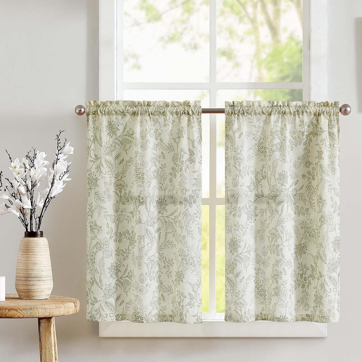 jinchan Floral Kitchen Tier Curtains 24 Inch 2 Panels Sage Green on Beige