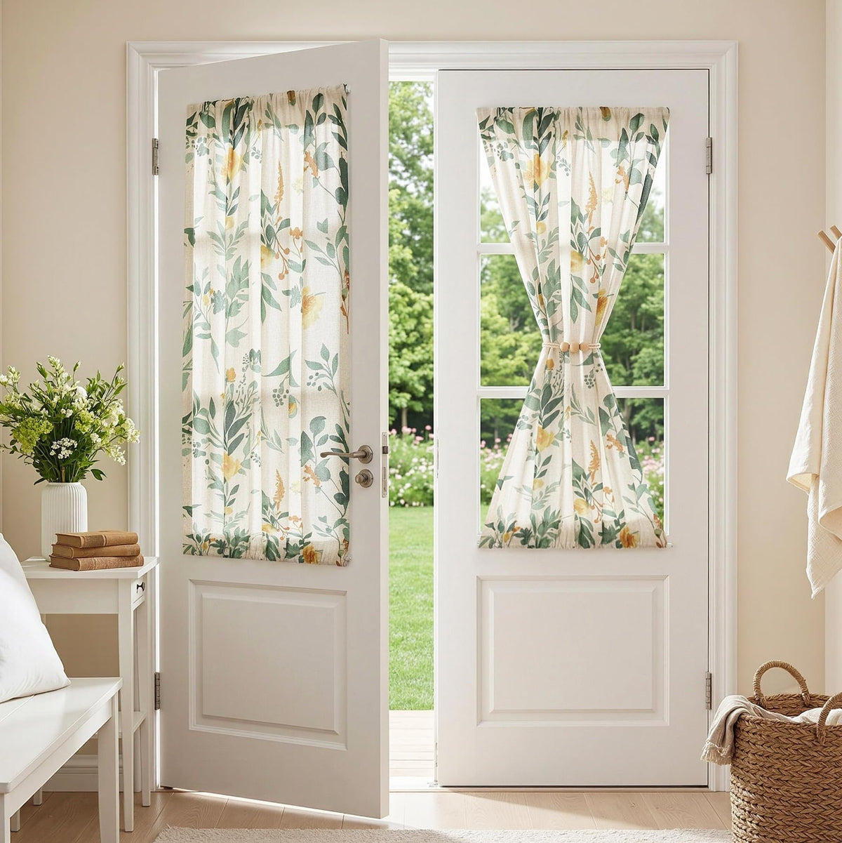MYSKY HOME Floral Linen Kitchen Tier Curtains 36 Inch Long 2 Panels
