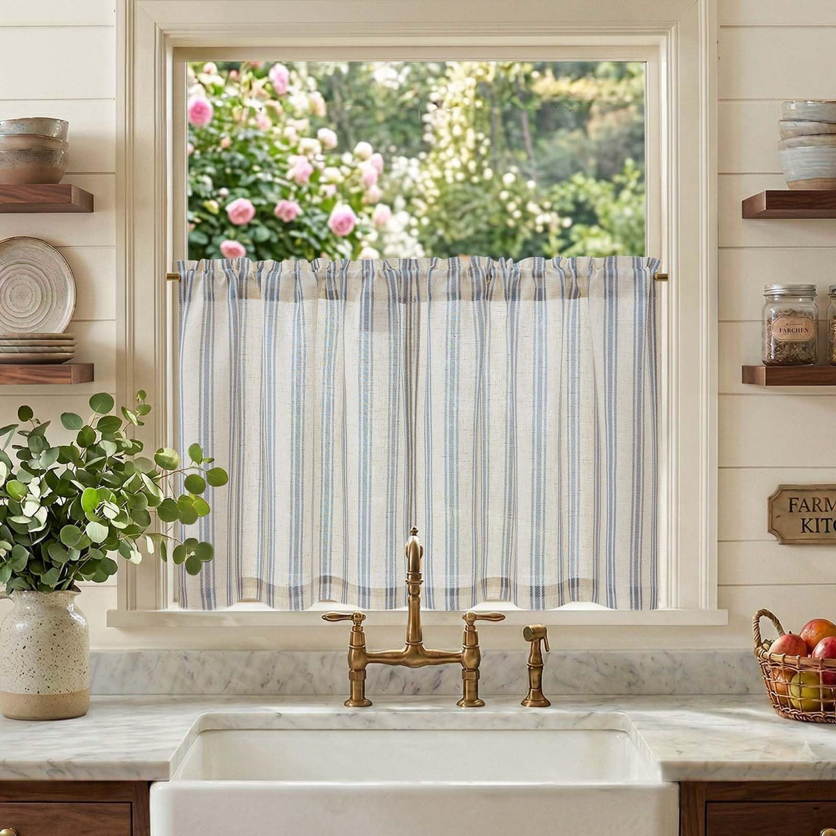 jinchan Linen Striped Tier Curtains for Kitchen Windows Farmhouse