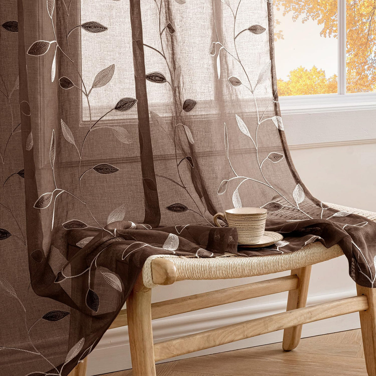 MIULEE Beige Sheer Curtains 2 Panels Embroidered Leaf Patterned, W52 x L63