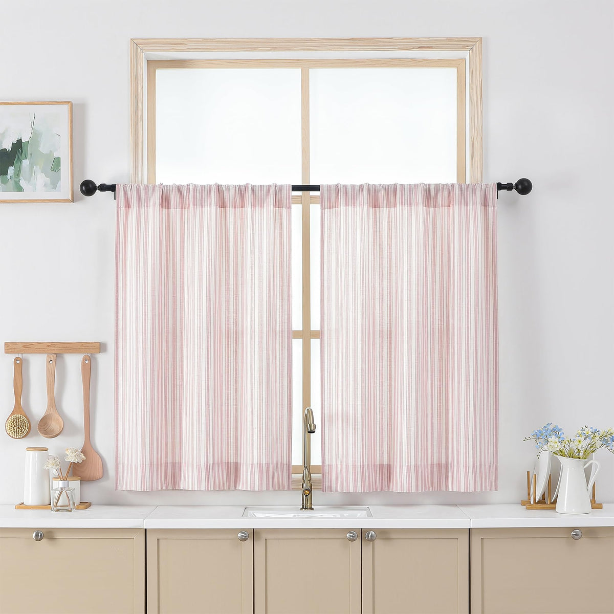 Chyhomenyc Striped Short Curtains 36 Inch Length - Light Filtering Faux Linen Living Room Tier Half Window Curtains, Farmhouse Modern Boho Curtain for Bathroom, 30Wx36L, 2 Pieces, Stone Blue