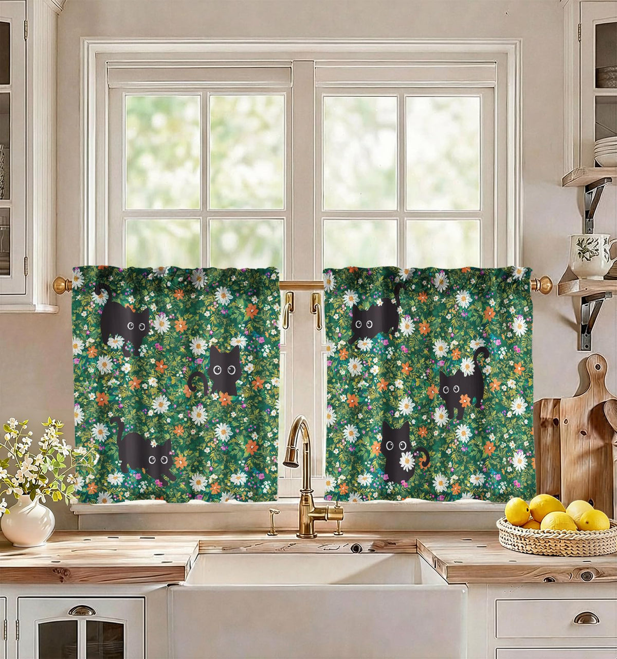 Miss Adola 36 Inch Length Kitchen Tier Curtains, Floral Cat