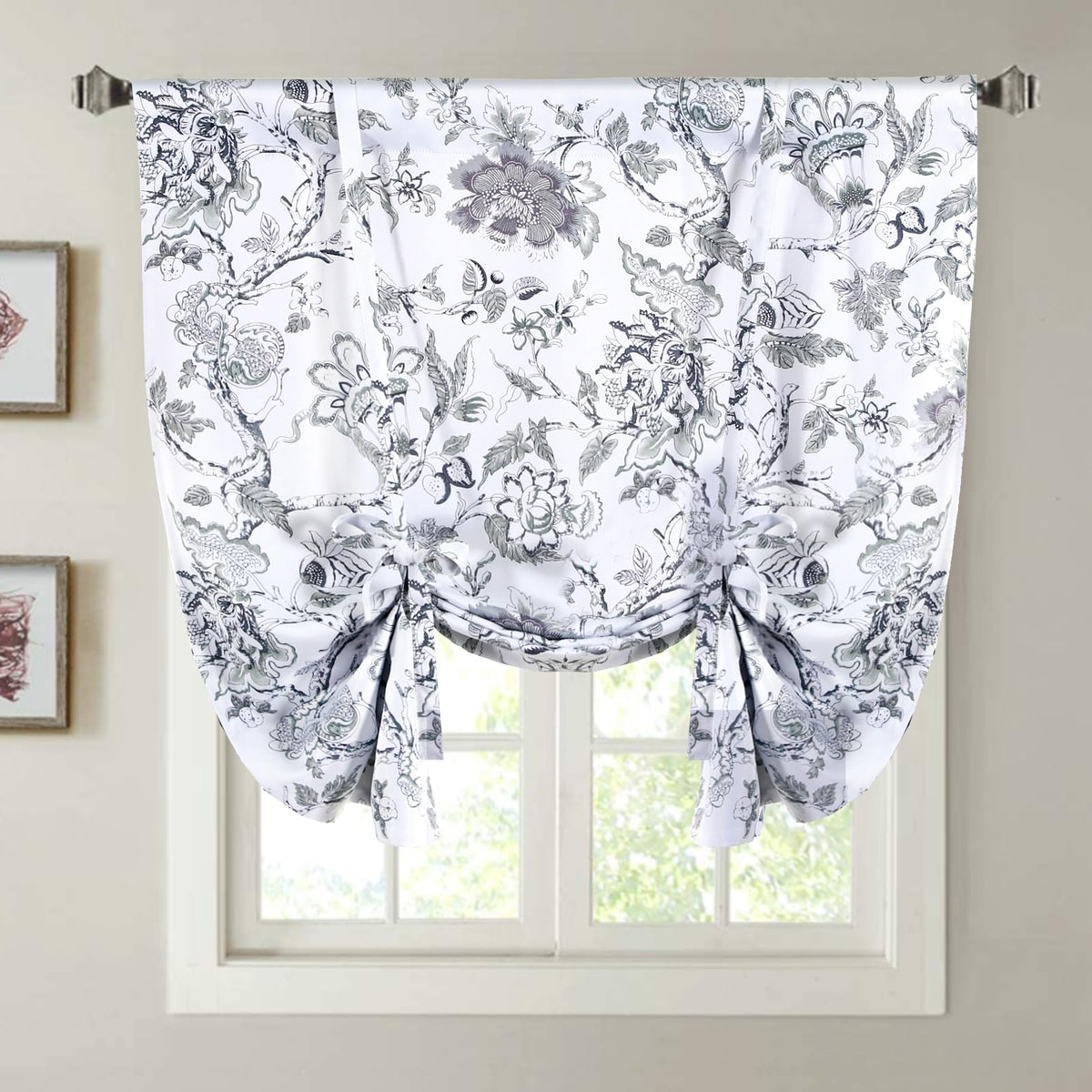 H.VERSAILTEX Thermal Insulated Blackout Curtain Adjustable Kitchen Tie Up Curtains Rod Pocket Panel for Small Window-42 Wide by 63" Long-Vintage Floral Pattern in Sage and Brown