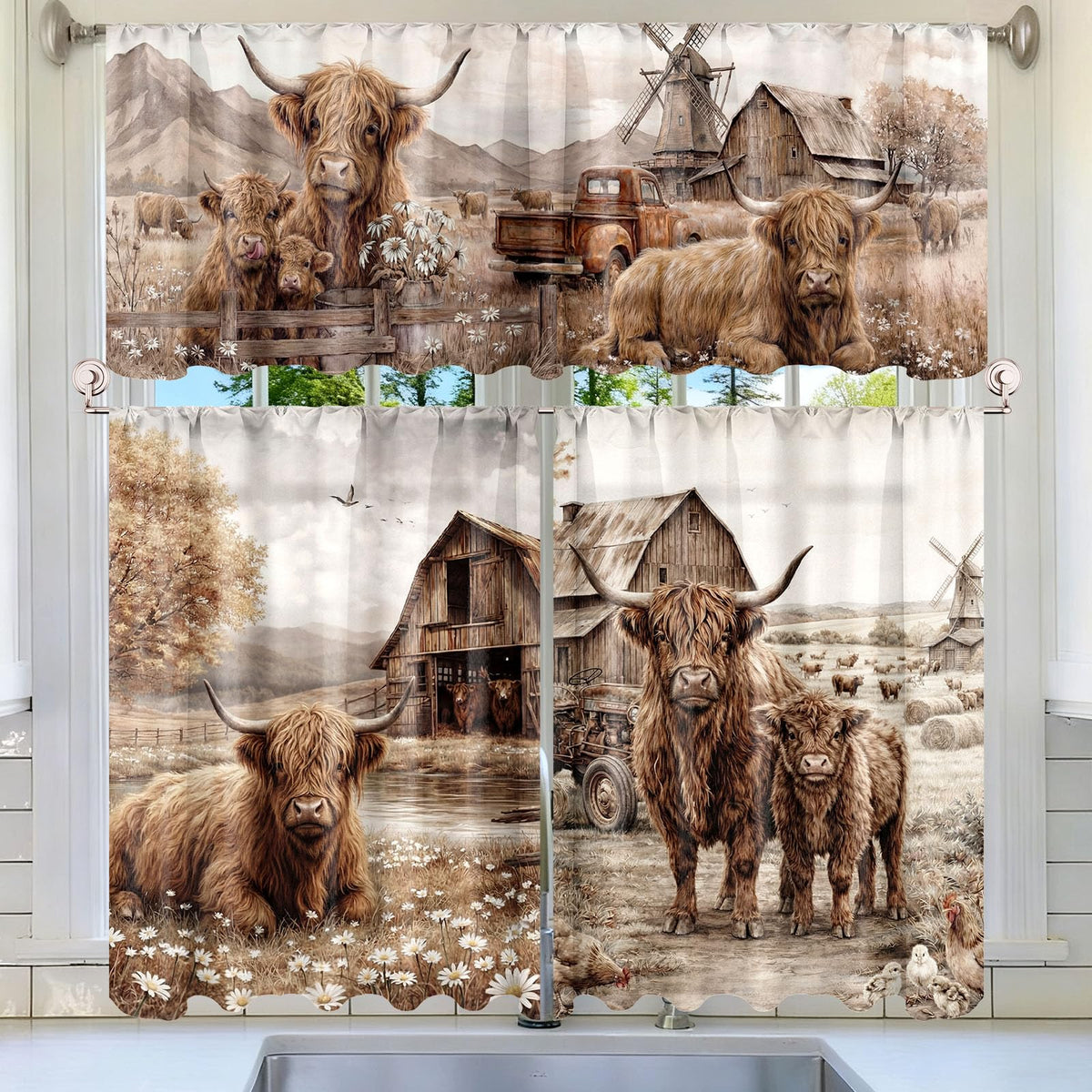 Breling 3 Pcs Sunflower Highland Cow Kitchen Curtains Valances and Tiers Set for Windows Spring Farmhouse Highland Cow Sunflower Curtains Decor for Summer Bedroom Window Decor Party Favor Supplies