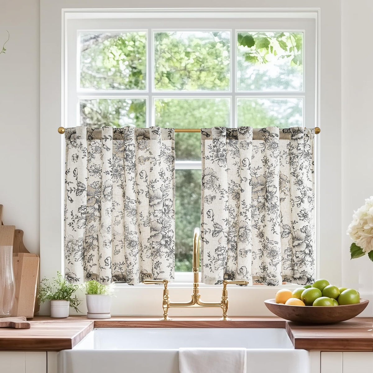 jinchan Hattie Floral Linen Kitchen Tier Curtains Beige 36 in 2 Panels