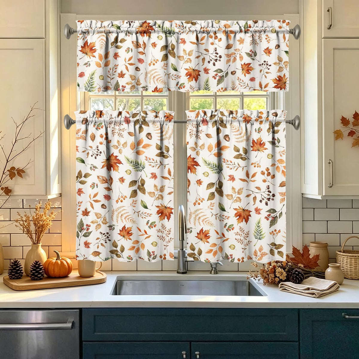 Sage Kitchen Curtain Valance 3 Piece Set, Sage Leaf Floral Kitchen Decor for Home Interior, Farmhouse Style Sink Window Curtains 36 Inch