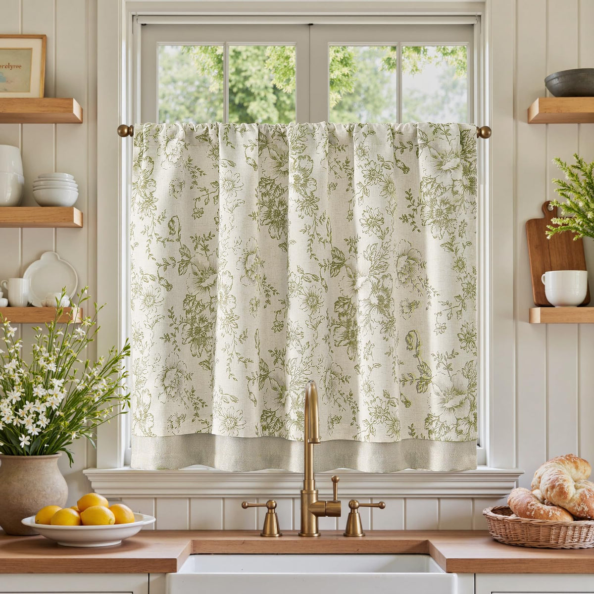 jinchan Hattie Floral Linen Kitchen Tier Curtains Beige 30 in 2 Panels