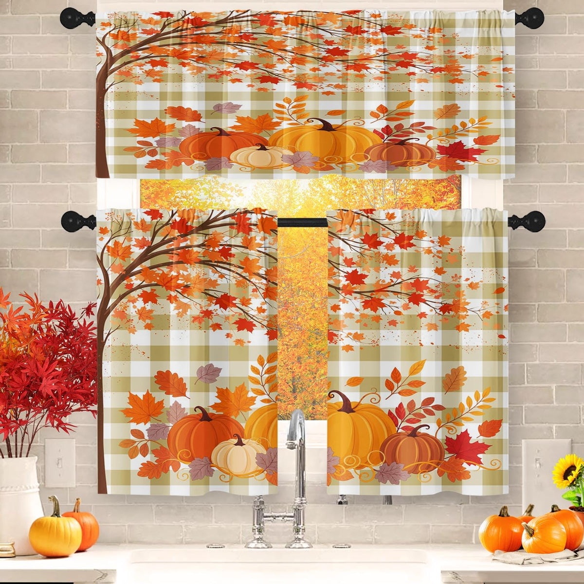 Arttown Fall Kitchen Curtains Sets for Windows, Pumpkin, 52x36 Inch