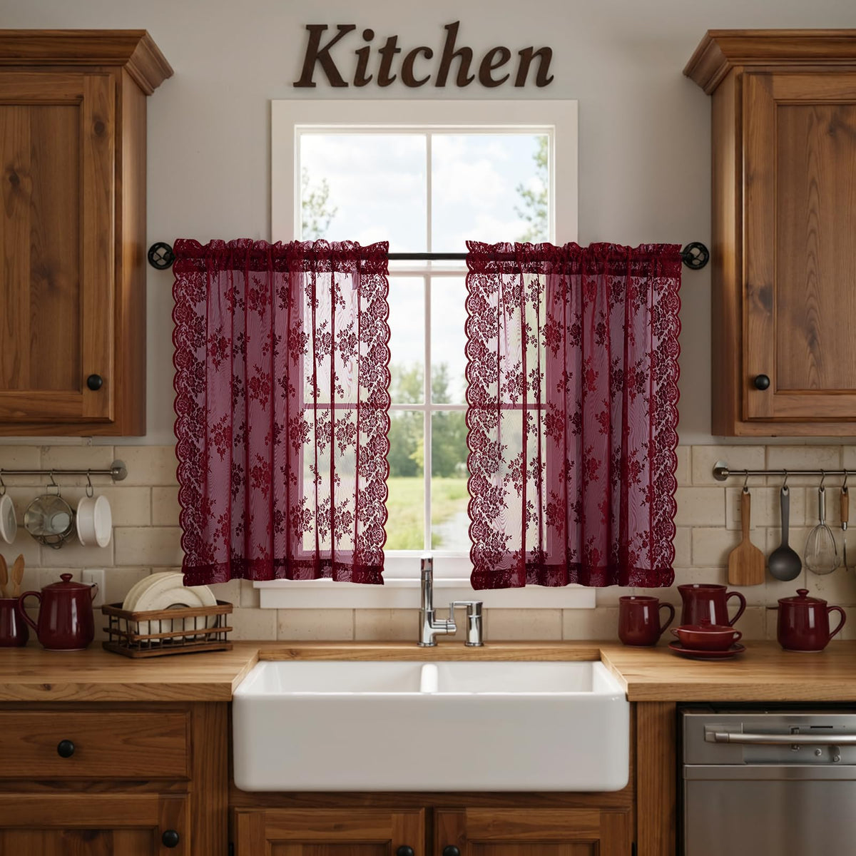 Kotile Short Beige Lace Curtains for Kitchen Windows W42xL45 Inch, 2 Panels