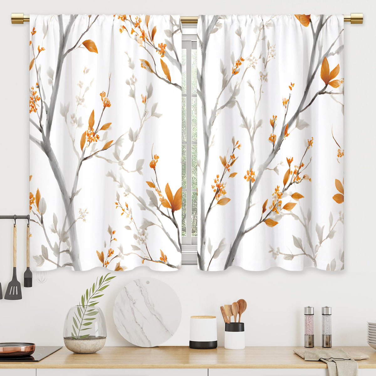 Colorful Leaves Kitchen Curtains Boho Botanical Bathroom Curtains Window Treatment Drapes Tier Flower Floral Cafe Small Bedroom Short French Door Curtains Rod Pocket 2 Panels 27.5x39 Inch