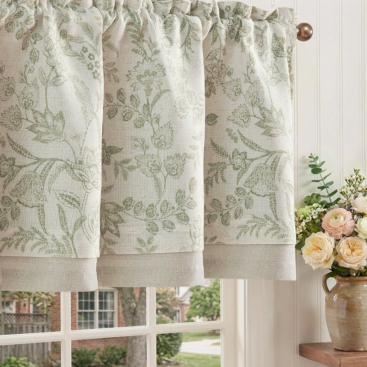 jinchan Floral Linen Kitchen Valance Curtain, 50x16, 1 Panel, Black