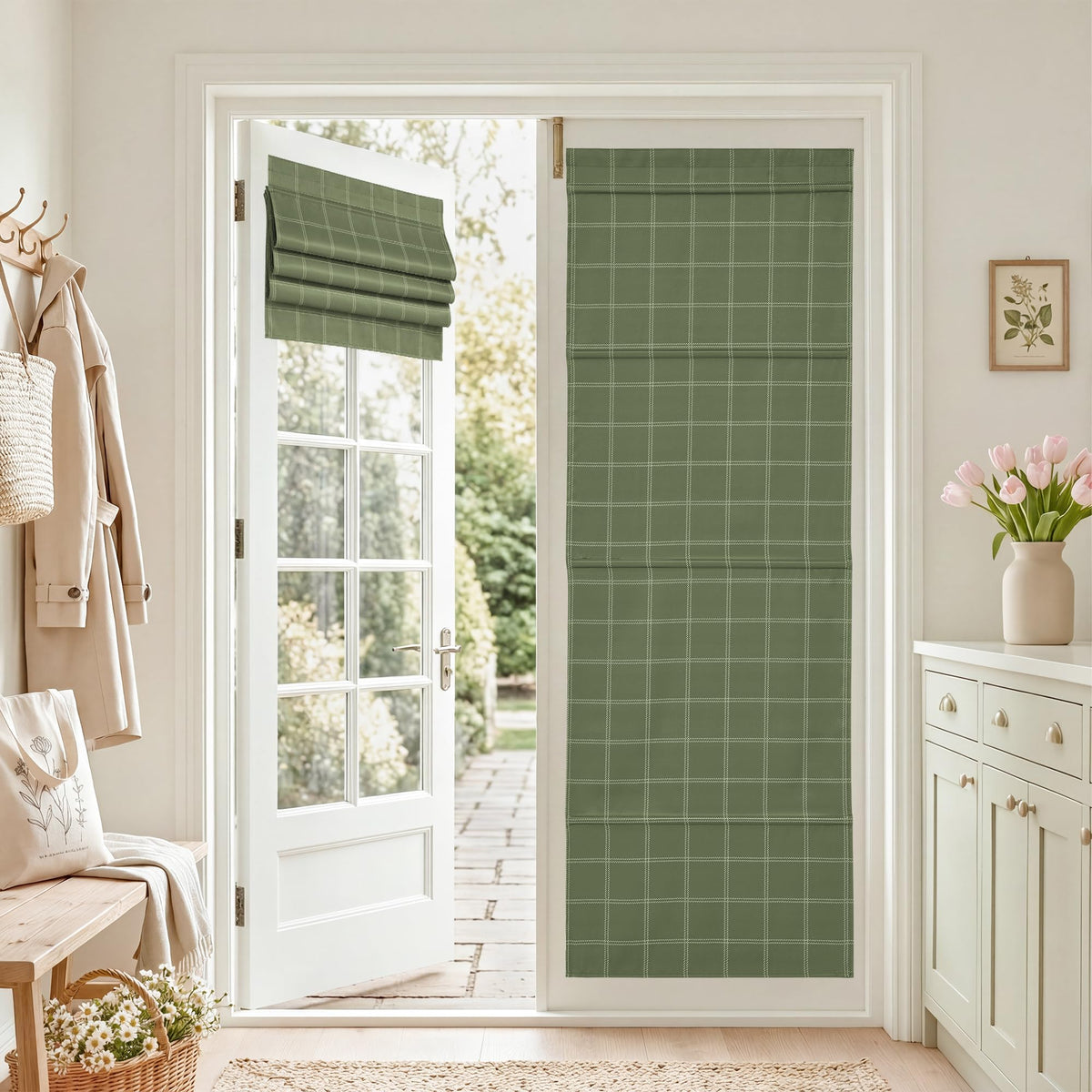 NICETOWN Olive Green Farmhouse Gingham Tiers Kitchen 100% Blackout Curtains