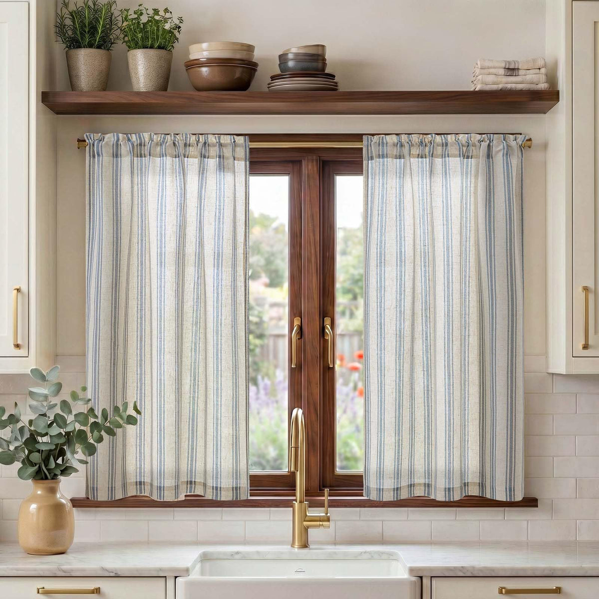 jinchan Linen Striped Tier Curtains for Kitchen Windows Farmhouse