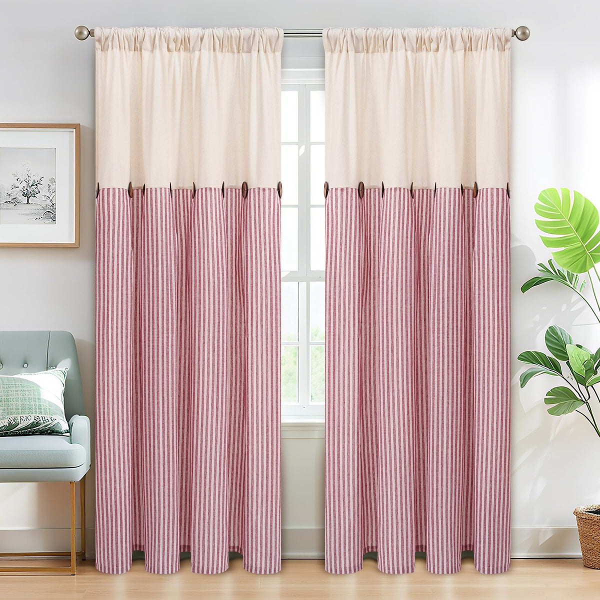 ASPMIZ Cotton Linen Kitchen Valance Curtains, Boho Rustic Button Linen Valances for Windows Farmhouse, Black with Grey Stripe Valance Window Topper Treatment Window Valances for Bathroom, 52 x 18 Inch