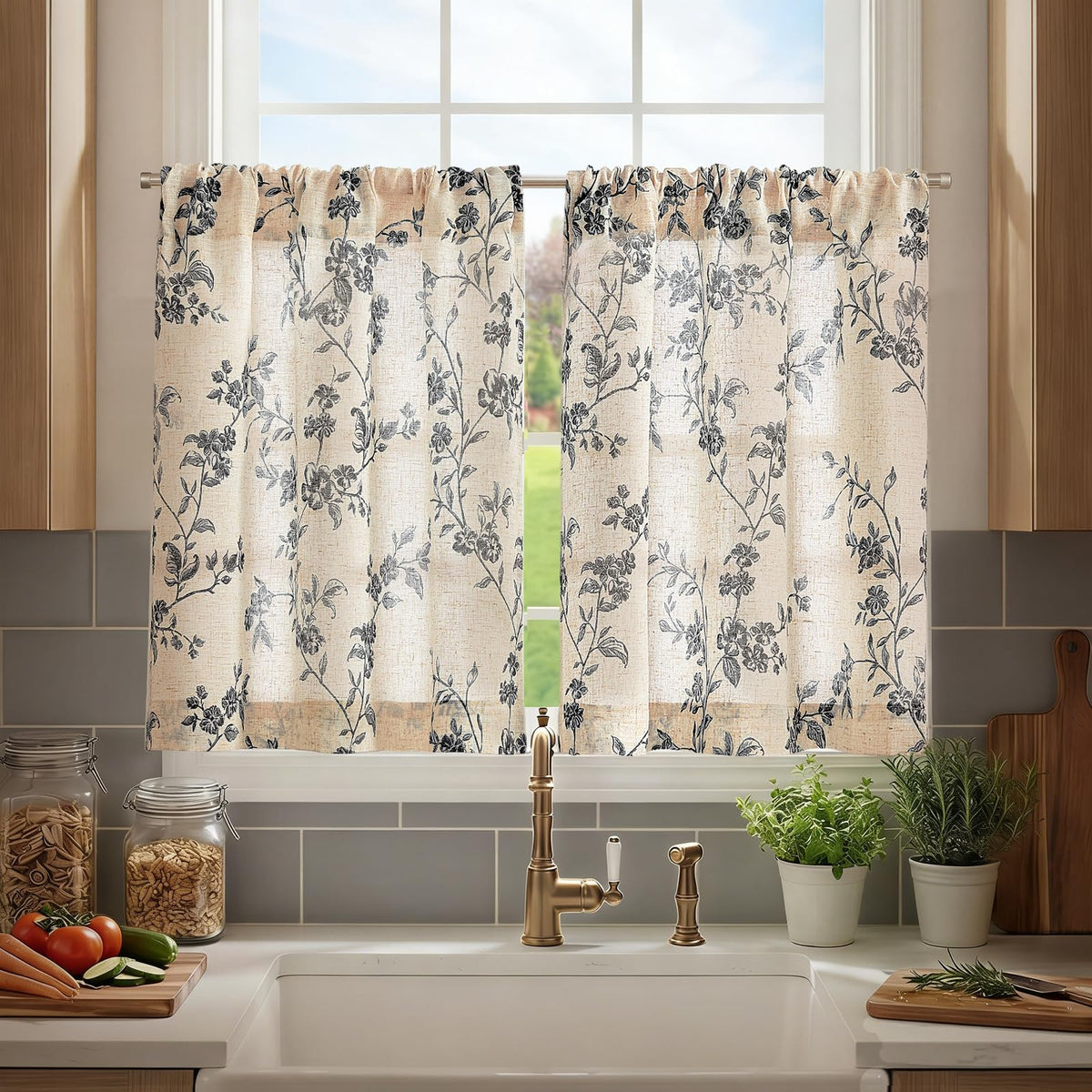 jinchan Floral Linen Kitchen Tier Curtains, 36 Inch, 2 Panels, Taupe