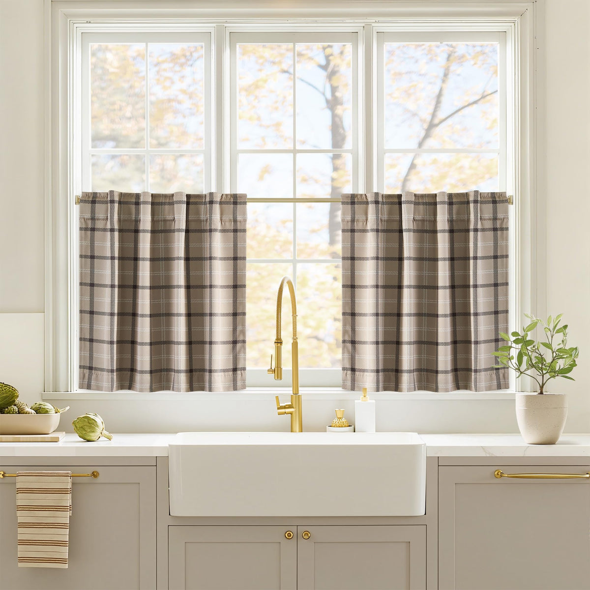 NICETOWN Olive Green Farmhouse Gingham Tiers Kitchen 100% Blackout Curtains