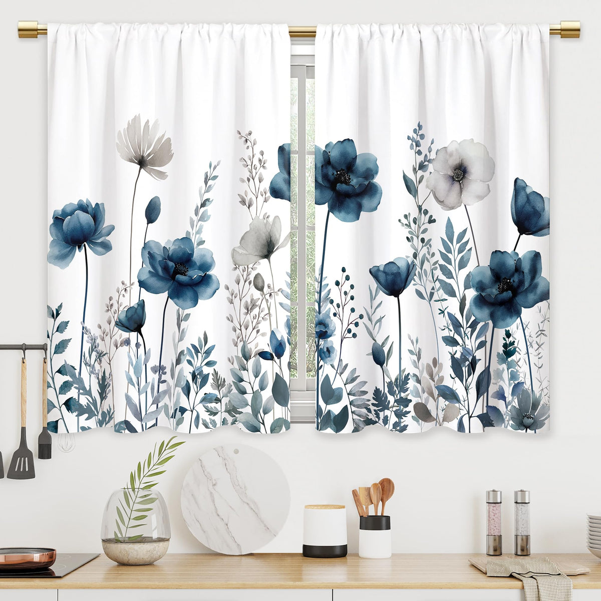Colorful Leaves Kitchen Curtains Boho Botanical Bathroom Curtains Window Treatment Drapes Tier Flower Floral Cafe Small Bedroom Short French Door Curtains Rod Pocket 2 Panels 27.5x39 Inch