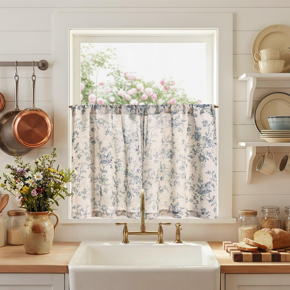jinchan Floral Linen Kitchen Tier Curtains, 36 Inch, 2 Panels, Taupe