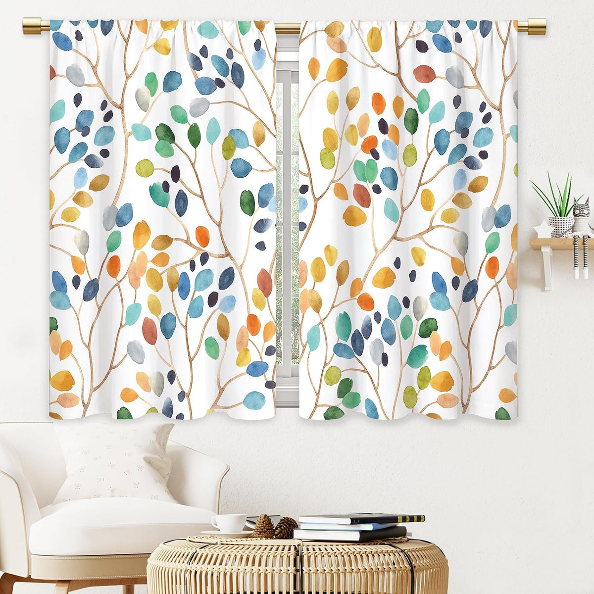Colorful Leaves Kitchen Curtains Boho Botanical Bathroom Curtains Window Treatment Drapes Tier Flower Floral Cafe Small Bedroom Short French Door Curtains Rod Pocket 2 Panels 27.5x39 Inch