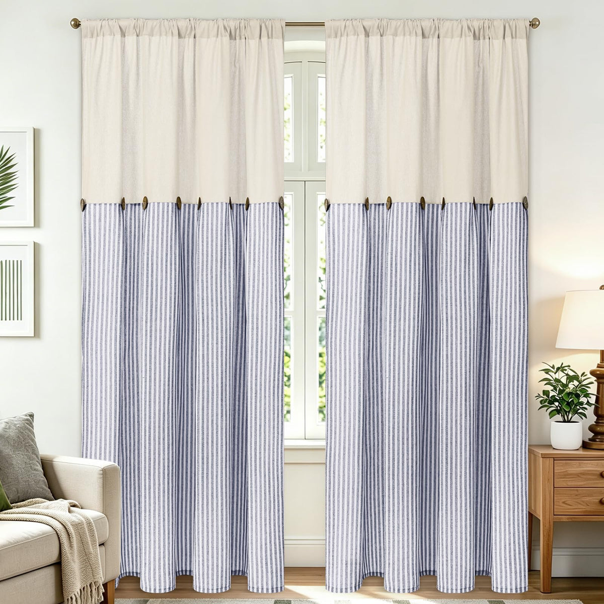 BLEUM CADE Farmhouse Kitchen Curtains 36 Inch, Cotton Linen Cafe Curtains with Rustic Buttons, Boho Small Window Curtains for Bathroom, Green Stripe Half Window Drapes Over Sink, 2 Panels