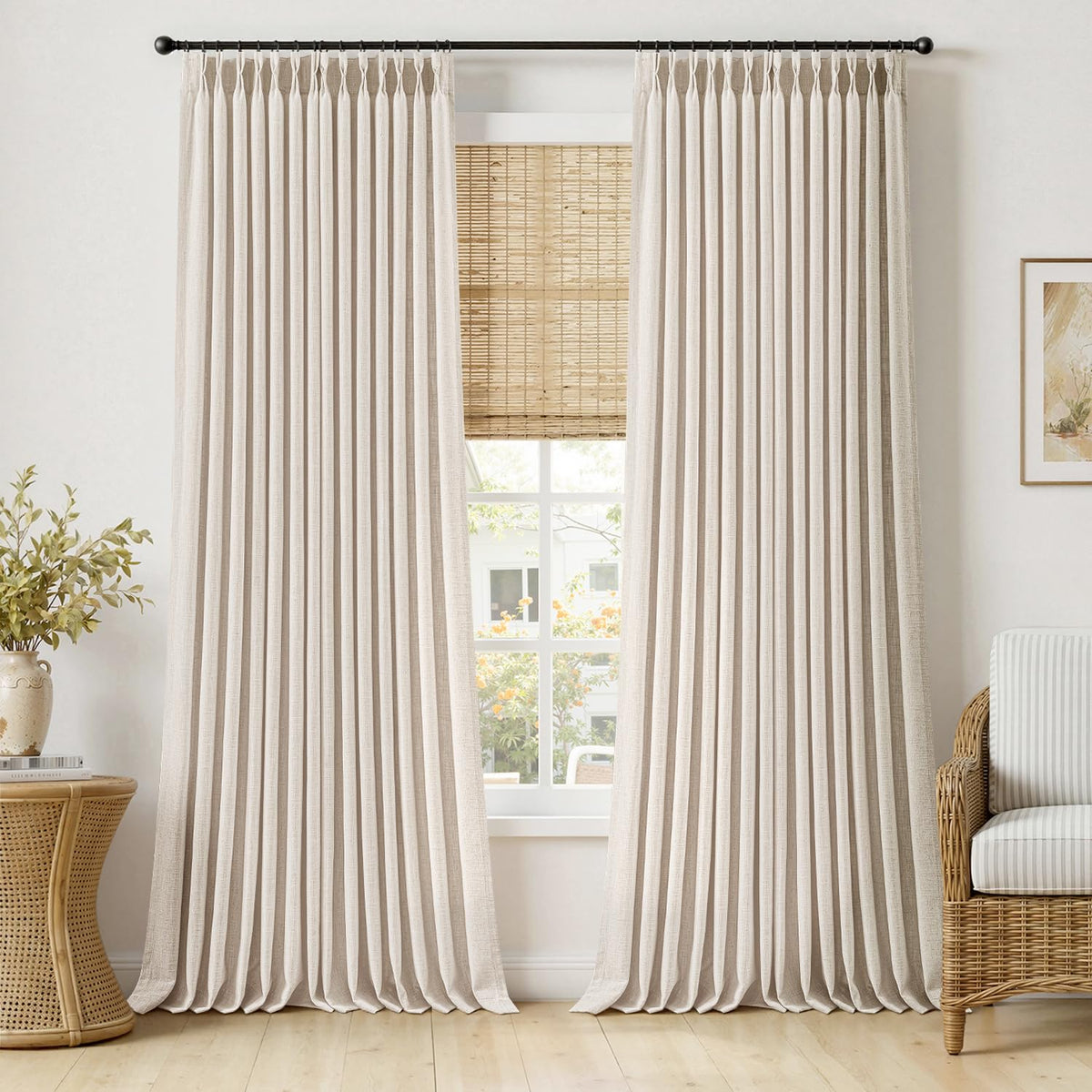 MIULEE Pinch Pleated Thick Linen Curtains 36 Inches Long 2 Panels Natural