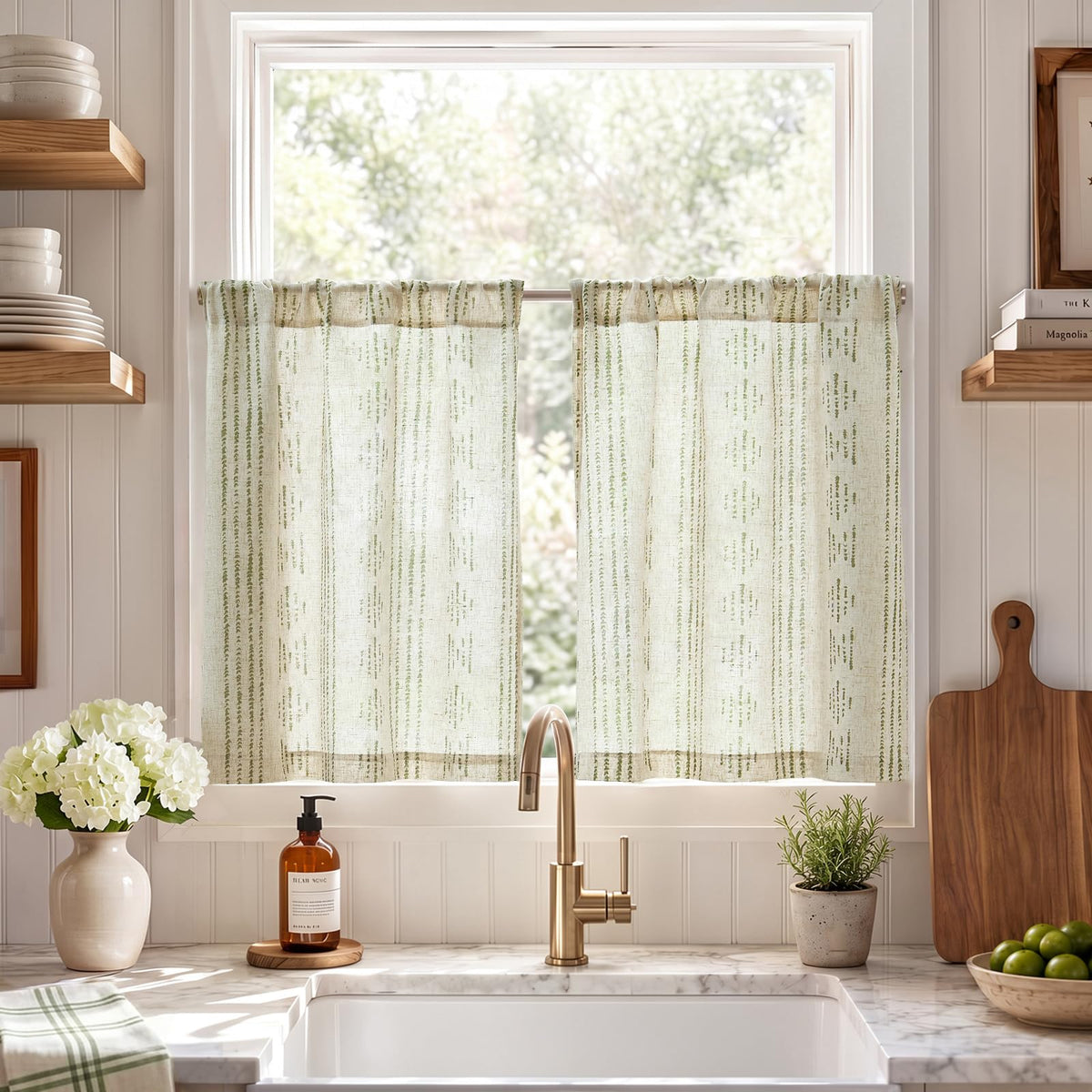 jinchan Linen Striped Tier Curtains for Kitchen Windows Farmhouse